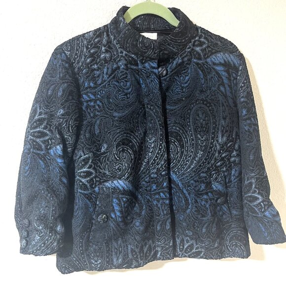 Chico's Brocade Blue and Black Ornate Paisley Button Front Jacket Size 2 - Picture 1 of 16